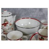 Set of Vintage Christmas Enamelware with Snowman and Christmas Tree Designs