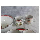 Set of Vintage Christmas Enamelware with Snowman and Christmas Tree Designs