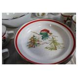Set of Vintage Christmas Enamelware with Snowman and Christmas Tree Designs