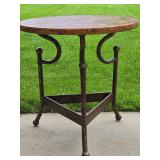 Charming Tuscan Plantation Accent Table with Iron Base and Faux Floral Leather Surface