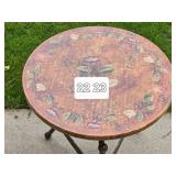 Charming Tuscan Plantation Accent Table with Iron Base and Faux Floral Leather Surface