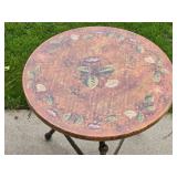 Charming Tuscan Plantation Accent Table with Iron Base and Faux Floral Leather Surface