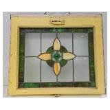 Great Looking Antique Stained Glass Window - Yellow & Green w/Great Faceted Center Piece