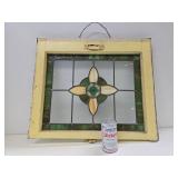 Great Looking Antique Stained Glass Window - Yellow & Green w/Great Faceted Center Piece