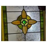 Great Looking Antique Stained Glass Window - Yellow & Green w/Great Faceted Center Piece