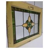 Great Looking Antique Stained Glass Window - Yellow & Green w/Great Faceted Center Piece