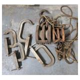 2 Antique Wood Pulleys & Old Clamps