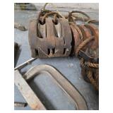 2 Antique Wood Pulleys & Old Clamps