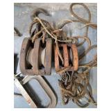 2 Antique Wood Pulleys & Old Clamps