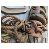 2 Antique Wood Pulleys & Old Clamps