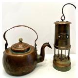 Vintage Copper Kettle and CYMRU Brass Lantern Duo