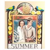 Signed Nancy Thomas 1994 Folk Art Painting with Birds - Framed Artwork