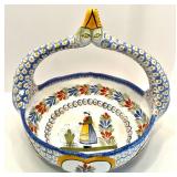 Henriot Quimper France Hand-Painted Ceramic Basket with Floral and Figural Design