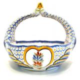 Henriot Quimper France Hand-Painted Ceramic Basket with Floral and Figural Design