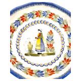 Henriot Quimper France Hand-Painted Ceramic Basket with Floral and Figural Design