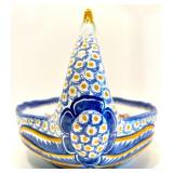 Henriot Quimper France Hand-Painted Ceramic Basket with Floral and Figural Design