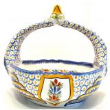 Henriot Quimper France Hand-Painted Ceramic Basket with Floral and Figural Design