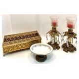 Vintage Gold Plated Tissue Box and Pair of Crystal Glass Candle Holders with Prisms and Soap Dish