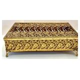 Vintage Gold Plated Tissue Box and Pair of Crystal Glass Candle Holders with Prisms and Soap Dish