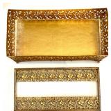 Vintage Gold Plated Tissue Box and Pair of Crystal Glass Candle Holders with Prisms and Soap Dish