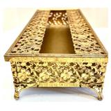 Vintage Gold Plated Tissue Box and Pair of Crystal Glass Candle Holders with Prisms and Soap Dish