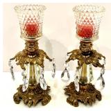 Vintage Gold Plated Tissue Box and Pair of Crystal Glass Candle Holders with Prisms and Soap Dish