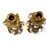 Vintage Gold Plated Tissue Box and Pair of Crystal Glass Candle Holders with Prisms and Soap Dish