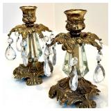 Vintage Gold Plated Tissue Box and Pair of Crystal Glass Candle Holders with Prisms and Soap Dish