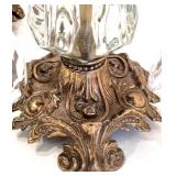 Vintage Gold Plated Tissue Box and Pair of Crystal Glass Candle Holders with Prisms and Soap Dish