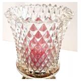 Vintage Gold Plated Tissue Box and Pair of Crystal Glass Candle Holders with Prisms and Soap Dish