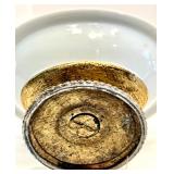 Vintage Gold Plated Tissue Box and Pair of Crystal Glass Candle Holders with Prisms and Soap Dish