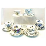 Collection of 6 Vintage Bone China Teacups and Saucers with Floral Designs in Varying Shades of Blue Tones