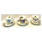 Collection of 6 Vintage Bone China Teacups and Saucers with Floral Designs in Varying Shades of Blue Tones