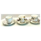 Collection of 6 Vintage Bone China Teacups and Saucers with Floral Designs in Varying Shades of Blue Tones