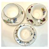 Collection of 6 Vintage Bone China Teacups and Saucers with Floral Designs in Varying Shades of Blue Tones