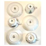 Collection of 6 Vintage Bone China Teacups and Saucers with Floral Designs in Varying Shades of Blue Tones