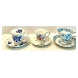 Collection of 6 Vintage Bone China Teacups and Saucers with Floral Designs in Varying Shades of Blue Tones