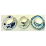 Collection of 6 Vintage Bone China Teacups and Saucers with Floral Designs in Varying Shades of Blue Tones
