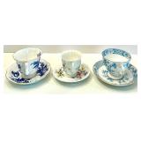 Collection of 6 Vintage Bone China Teacups and Saucers with Floral Designs in Varying Shades of Blue Tones