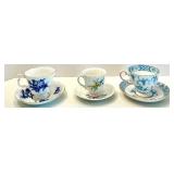 Collection of 6 Vintage Bone China Teacups and Saucers with Floral Designs in Varying Shades of Blue Tones