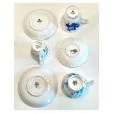 Collection of 6 Vintage Bone China Teacups and Saucers with Floral Designs in Varying Shades of Blue Tones
