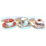 Set of 6 Vintage Floral Bone China Tea Cup & Saucer Sets in Shades of Pink including Royal Stuart and Staffordshire