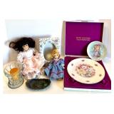 Set of 2 Vintage Decorative Plates and Porcelain Dolls, Floral Porcelain Frame, Candle Holder and Silver Tray