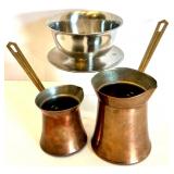Set of Copper and Stainless Steel Cutter Melting Pots with Bowl and Saucer