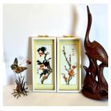 Set of 2 Vintage Chinese 3D Wall Panels, a Metal Butterfly Sculpture and Ceramic Bird Sculpture