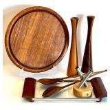 Mid-Century Modern Teak Decor Set - Candlestick Holders, Tray, Salt & Pepper Shakers by WMF and Utensils