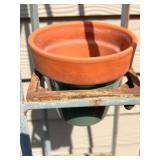 Pair of Rustic Metal Plant Stands with Terracotta Pots