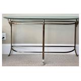Elegant Glass and Metal Console Table with Brass Swan Decorative Accents