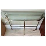 Elegant Glass and Metal Console Table with Brass Swan Decorative Accents