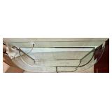 Elegant Glass and Metal Console Table with Brass Swan Decorative Accents